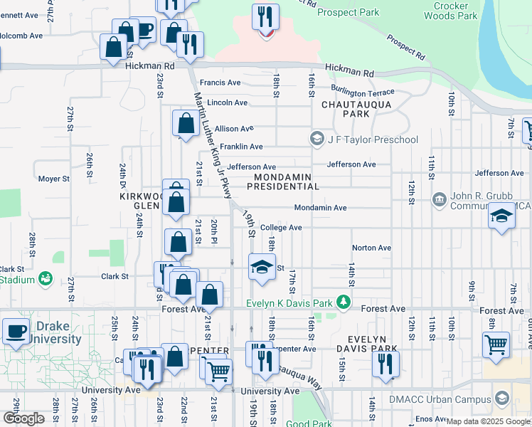 map of restaurants, bars, coffee shops, grocery stores, and more near 1814 Mondamin Avenue in Des Moines