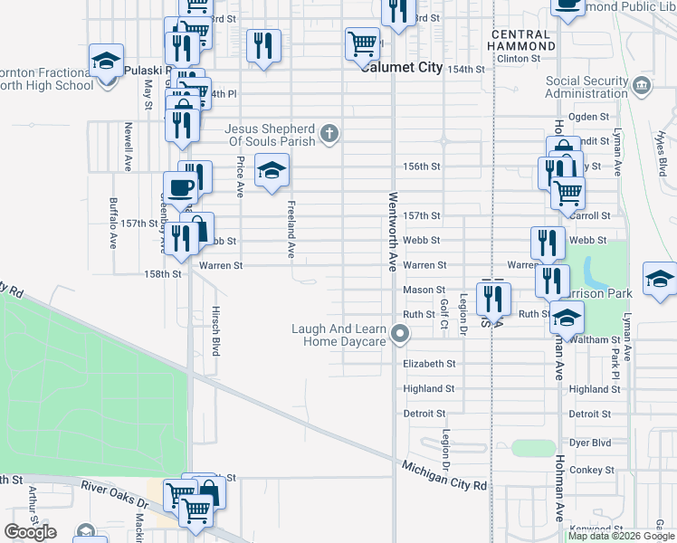 map of restaurants, bars, coffee shops, grocery stores, and more near 301 Warren Street in Calumet City