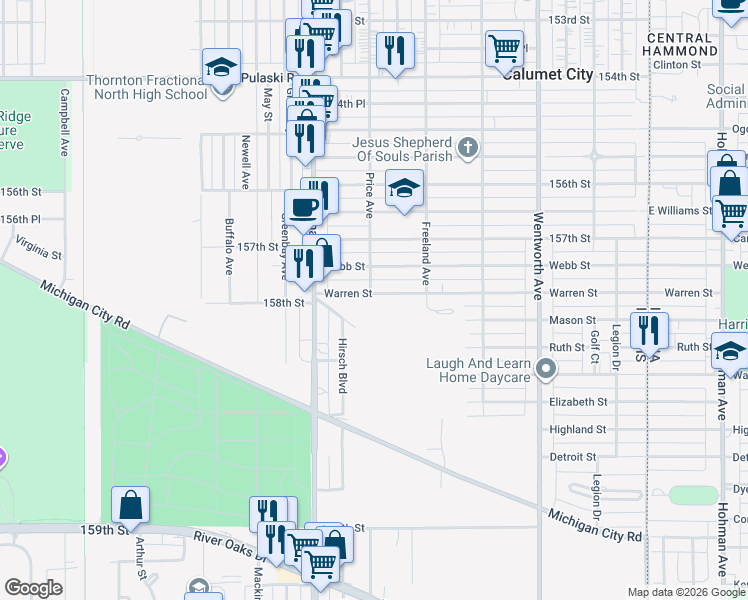 map of restaurants, bars, coffee shops, grocery stores, and more near 447 Warren Street in Calumet City
