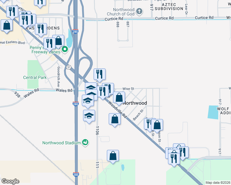 map of restaurants, bars, coffee shops, grocery stores, and more near 3902 Wise Street in Northwood