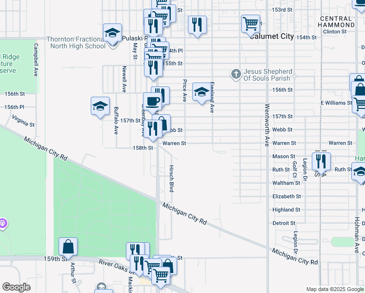 map of restaurants, bars, coffee shops, grocery stores, and more near 501 Warren Street in Calumet City