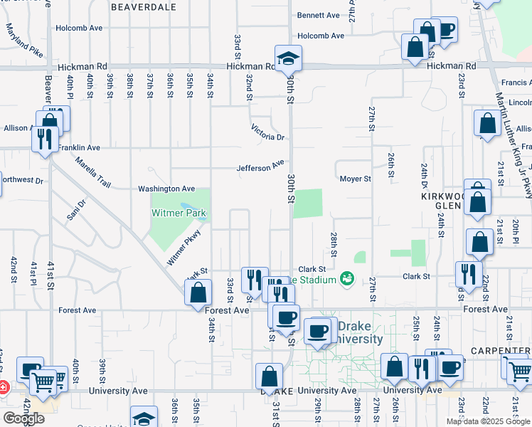 map of restaurants, bars, coffee shops, grocery stores, and more near 1616 31st Street in Des Moines