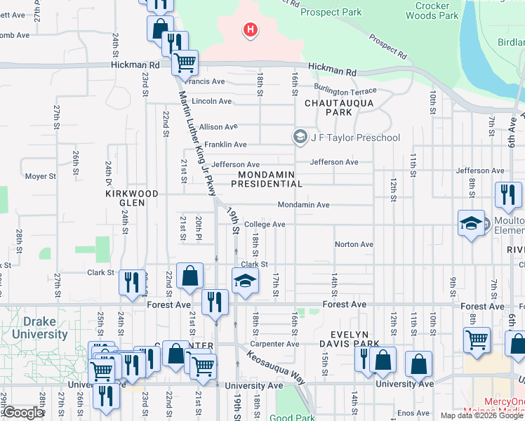 map of restaurants, bars, coffee shops, grocery stores, and more near 1704 Mondamin Avenue in Des Moines