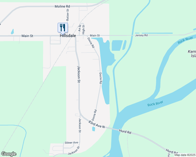 map of restaurants, bars, coffee shops, grocery stores, and more near 424 Docia Road in Hillsdale