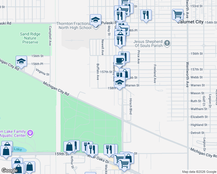 map of restaurants, bars, coffee shops, grocery stores, and more near 893 Mackinaw Avenue in Calumet City