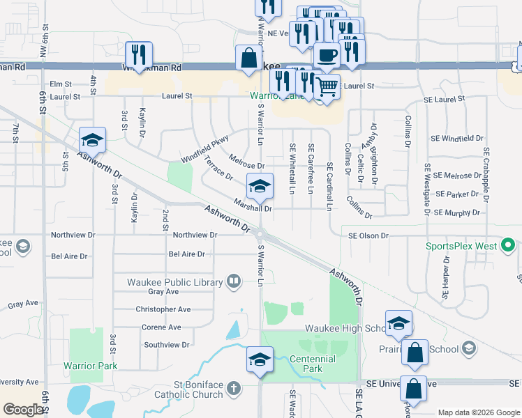 map of restaurants, bars, coffee shops, grocery stores, and more near 610 Southeast Meadowlark Lane in Waukee