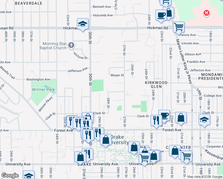 map of restaurants, bars, coffee shops, grocery stores, and more near 2737 College Avenue in Des Moines