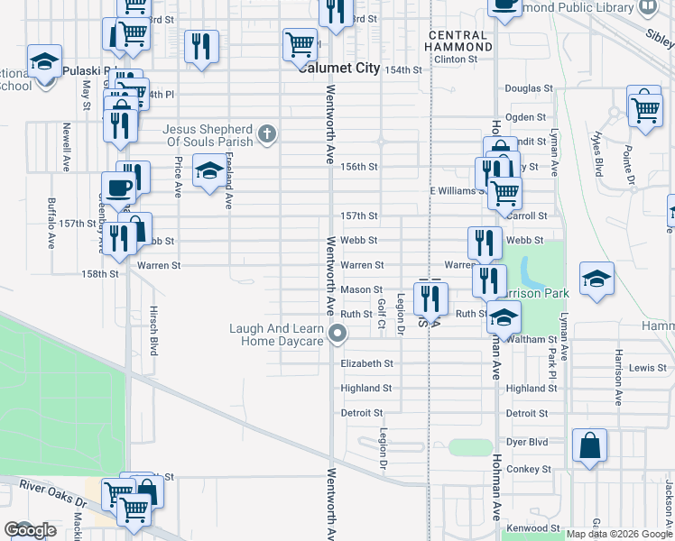 map of restaurants, bars, coffee shops, grocery stores, and more near 905 Wentworth Avenue in Calumet City