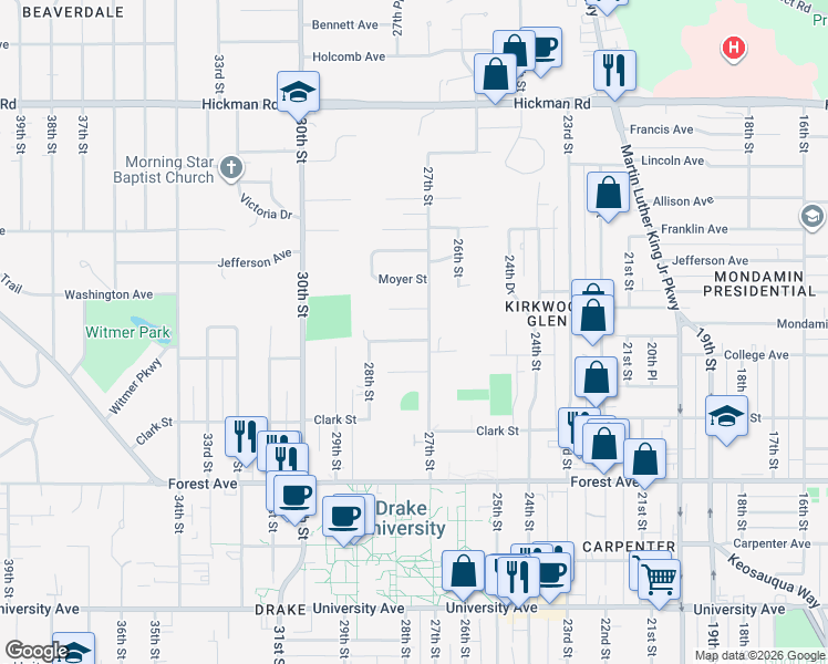 map of restaurants, bars, coffee shops, grocery stores, and more near 2705 College Avenue in Des Moines