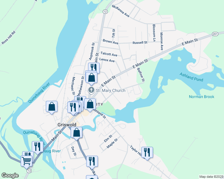 map of restaurants, bars, coffee shops, grocery stores, and more near 26 Wilson Street in Griswold