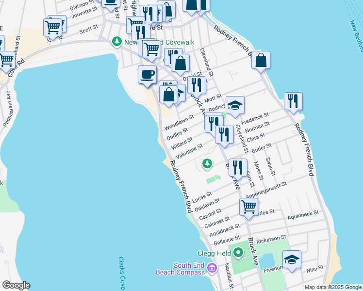 map of restaurants, bars, coffee shops, grocery stores, and more near 78 Willard Street in New Bedford
