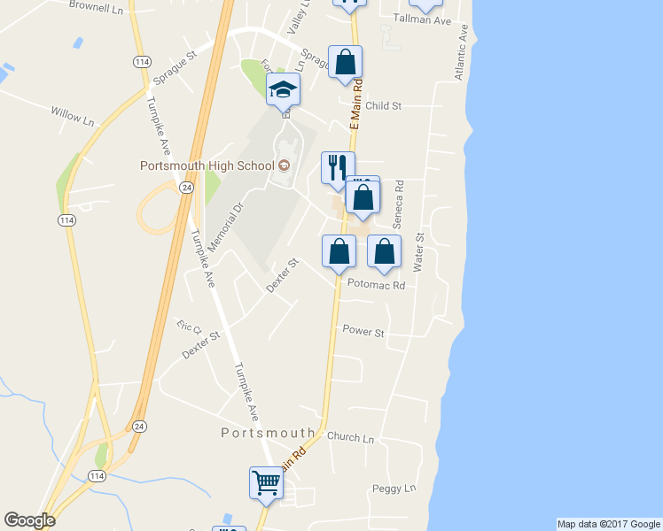 map of restaurants, bars, coffee shops, grocery stores, and more near 2930 East Main Road in Portsmouth
