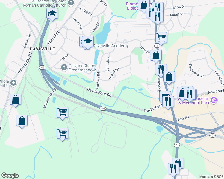 map of restaurants, bars, coffee shops, grocery stores, and more near 24 Union Drive in North Kingstown