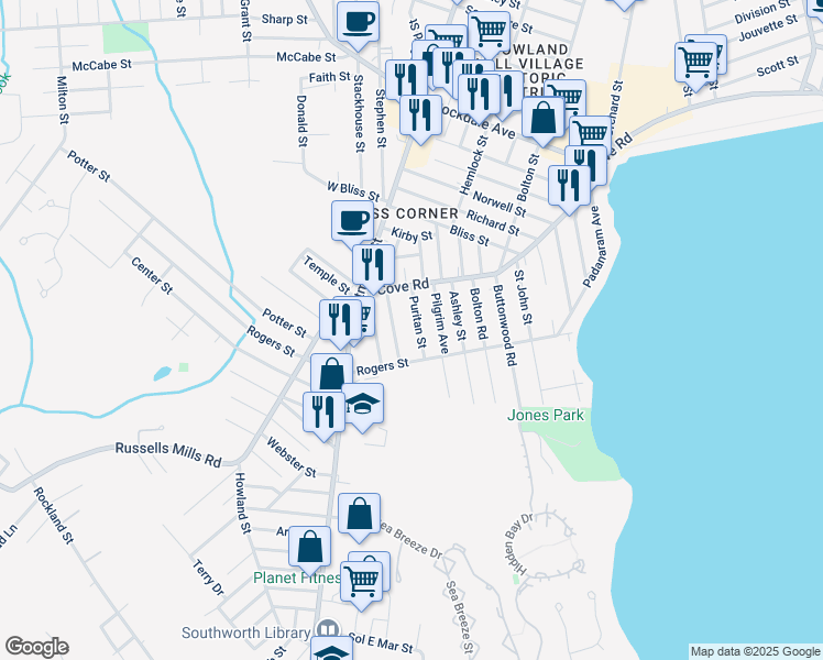 map of restaurants, bars, coffee shops, grocery stores, and more near 23 Puritan Street in Dartmouth