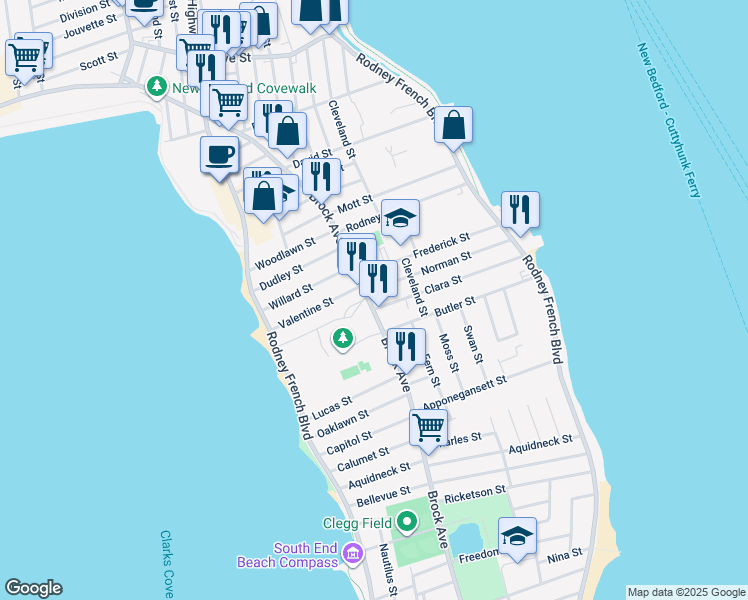 map of restaurants, bars, coffee shops, grocery stores, and more near 607-609 Brock Avenue in New Bedford