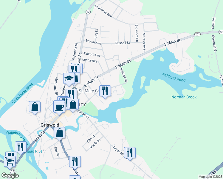 map of restaurants, bars, coffee shops, grocery stores, and more near 15 George Street in Griswold