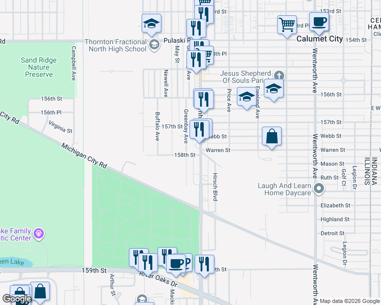 map of restaurants, bars, coffee shops, grocery stores, and more near 894 Burnham Avenue in Calumet City