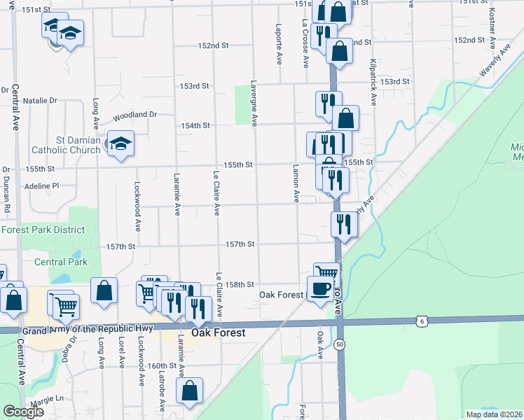 map of restaurants, bars, coffee shops, grocery stores, and more near 4921 156th Street in Oak Forest