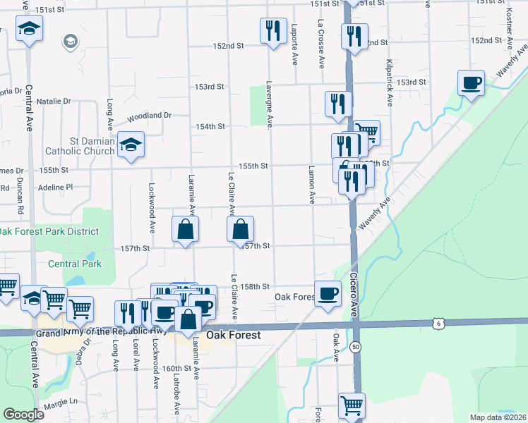 map of restaurants, bars, coffee shops, grocery stores, and more near 5017 156th Street in Oak Forest