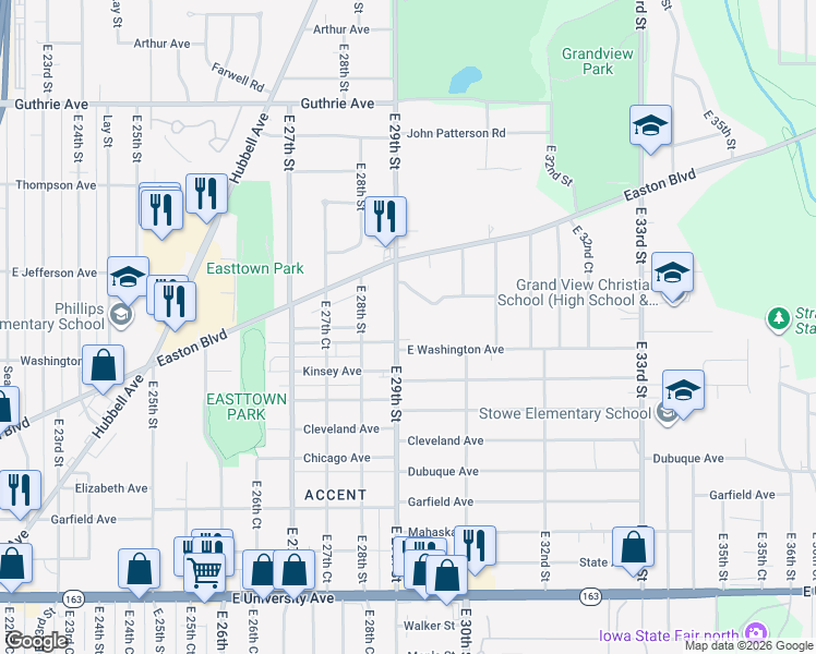 map of restaurants, bars, coffee shops, grocery stores, and more near 1623 East 29th Street in Des Moines