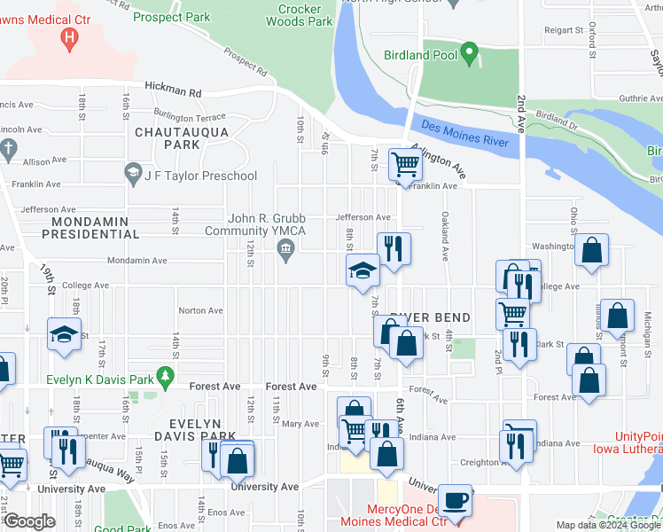 map of restaurants, bars, coffee shops, grocery stores, and more near 1618 8th Street in Des Moines