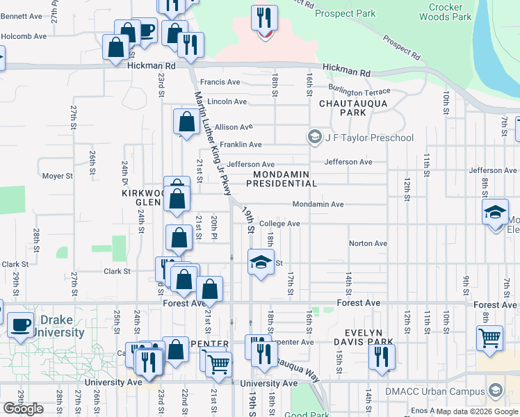 map of restaurants, bars, coffee shops, grocery stores, and more near 1814 Mondamin Avenue in Des Moines