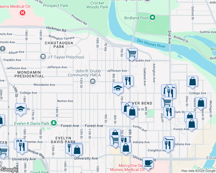 map of restaurants, bars, coffee shops, grocery stores, and more near 1621 9th Street in Des Moines