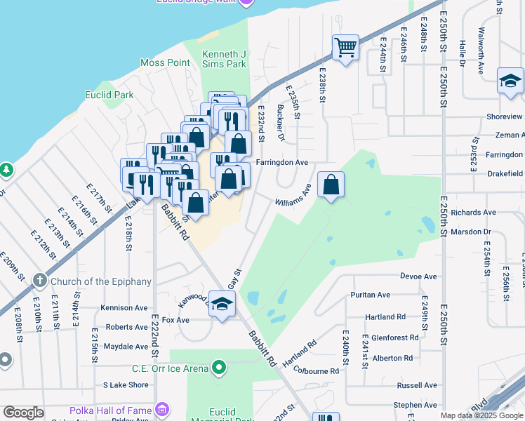 map of restaurants, bars, coffee shops, grocery stores, and more near 23215 Gay Street in Euclid