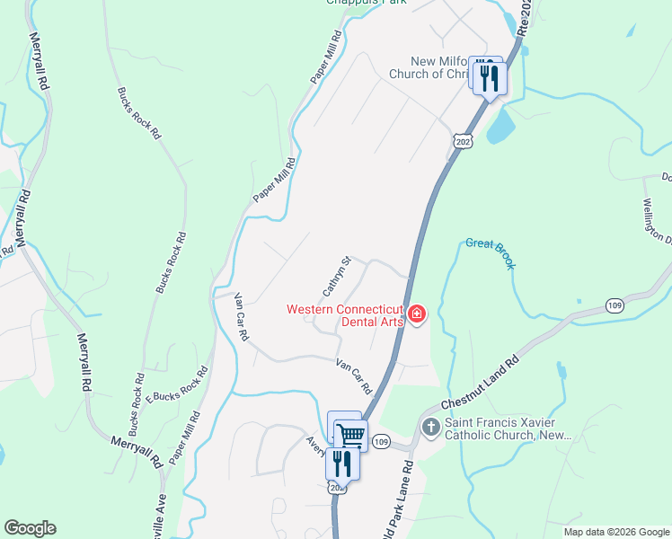 map of restaurants, bars, coffee shops, grocery stores, and more near 17 Cathryn Street in New Milford