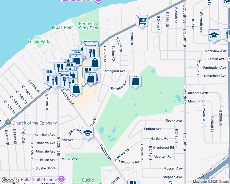 map of restaurants, bars, coffee shops, grocery stores, and more near 23296 Williams Ave in Euclid