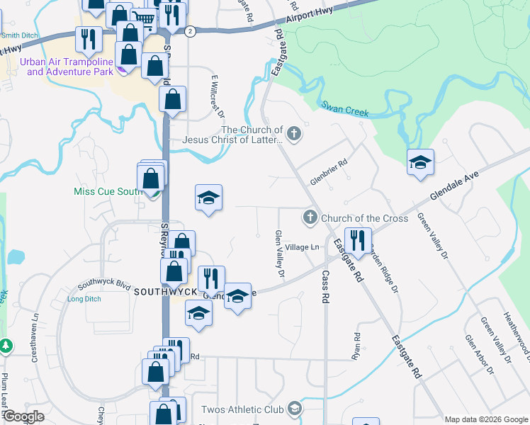 map of restaurants, bars, coffee shops, grocery stores, and more near 4855 Eastwick Drive in Toledo