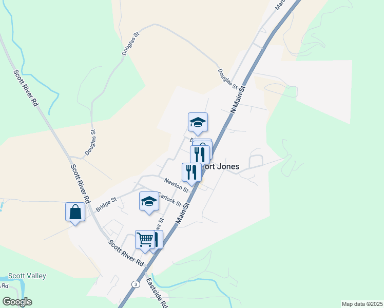 map of restaurants, bars, coffee shops, grocery stores, and more near 101 Bower Street in Fort Jones