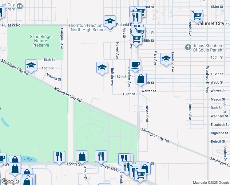 map of restaurants, bars, coffee shops, grocery stores, and more near 893 Buffalo Avenue in Calumet City