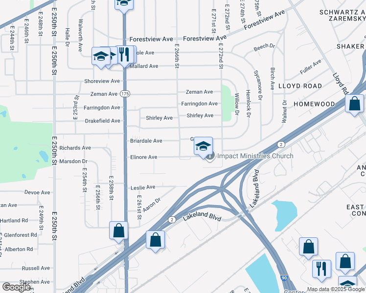 map of restaurants, bars, coffee shops, grocery stores, and more near 781 East 266th Street in Euclid