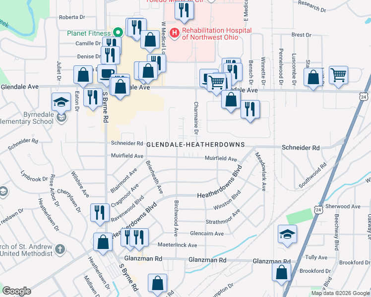 map of restaurants, bars, coffee shops, grocery stores, and more near 3143 Schneider Road in Toledo