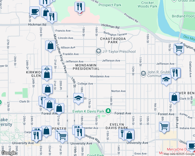 map of restaurants, bars, coffee shops, grocery stores, and more near 1540 Mondamin Avenue in Des Moines