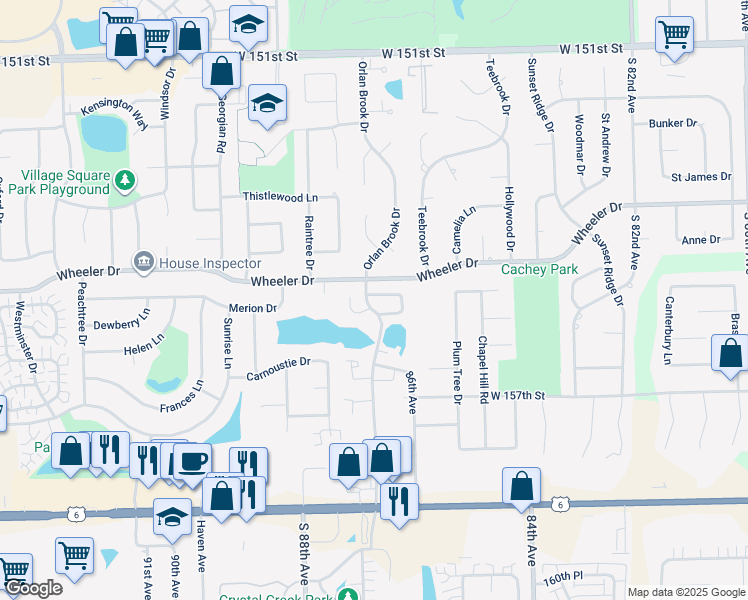 map of restaurants, bars, coffee shops, grocery stores, and more near 8619 Nancy Lane in Orland Park