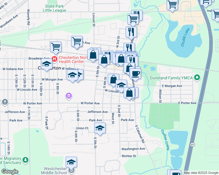 map of restaurants, bars, coffee shops, grocery stores, and more near 302 West Lincoln Avenue in Chesterton
