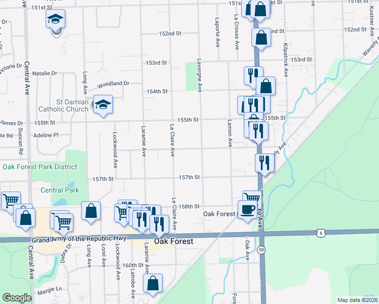map of restaurants, bars, coffee shops, grocery stores, and more near 5017 156th Street in Oak Forest