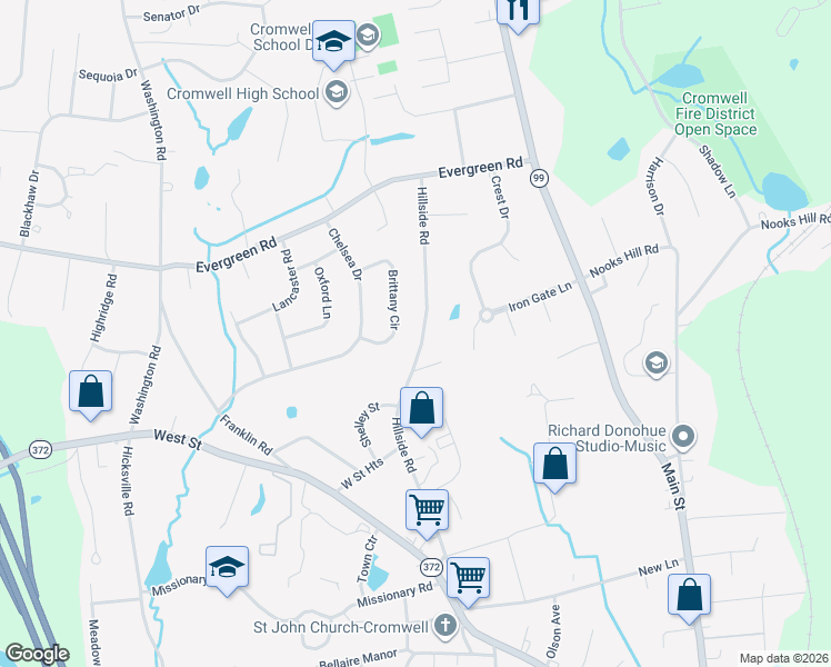 map of restaurants, bars, coffee shops, grocery stores, and more near 43 Hillside Road in Cromwell