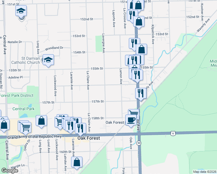 map of restaurants, bars, coffee shops, grocery stores, and more near 4921 156th Street in Oak Forest