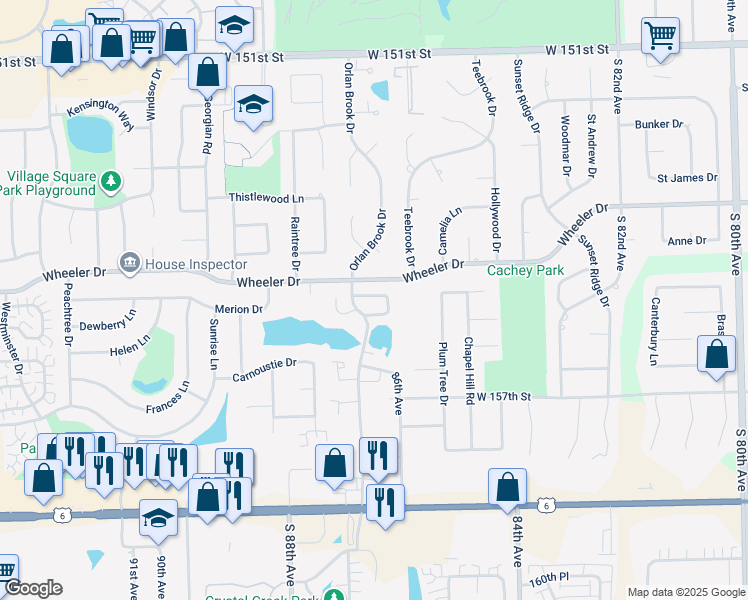 map of restaurants, bars, coffee shops, grocery stores, and more near 8619 Nancy Lane in Orland Park