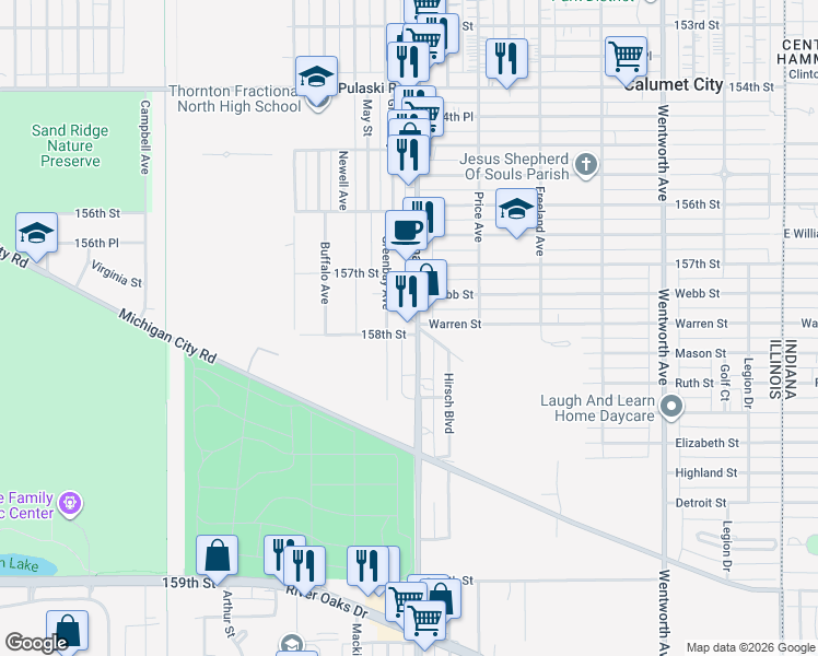 map of restaurants, bars, coffee shops, grocery stores, and more near 894 Burnham Avenue in Calumet City