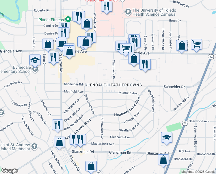 map of restaurants, bars, coffee shops, grocery stores, and more near 3143 Schneider Road in Toledo