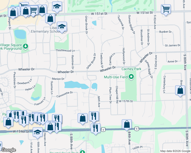 map of restaurants, bars, coffee shops, grocery stores, and more near 8619 Nancy Lane in Orland Park