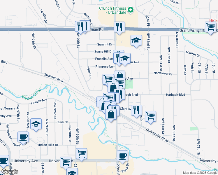 map of restaurants, bars, coffee shops, grocery stores, and more near 1833 Northwest 87th Place in Clive