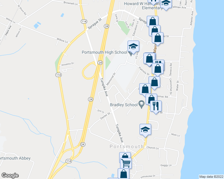 map of restaurants, bars, coffee shops, grocery stores, and more near 297 Turnpike Avenue in Portsmouth