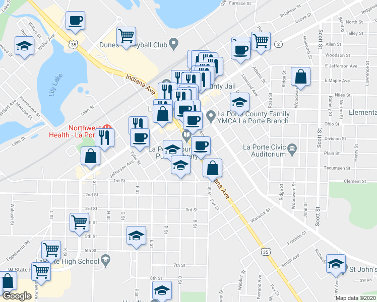 map of restaurants, bars, coffee shops, grocery stores, and more near 805 Harrison Street in La Porte