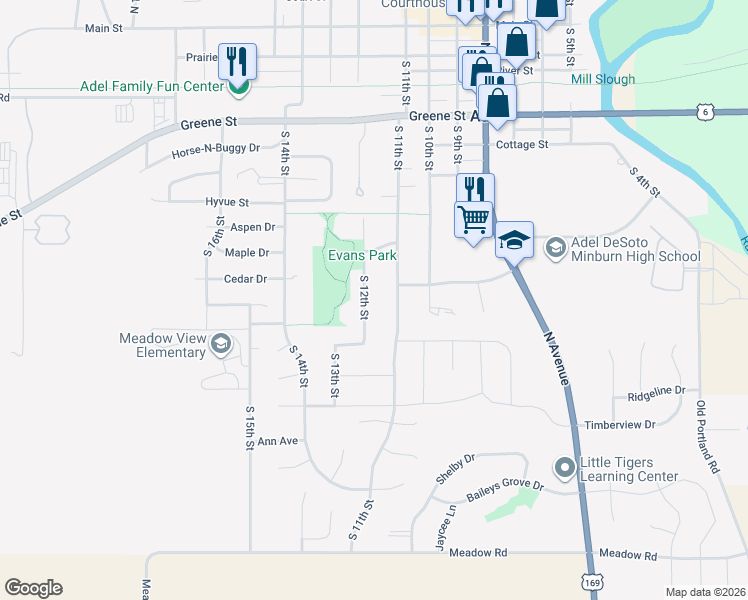 map of restaurants, bars, coffee shops, grocery stores, and more near 1113 South 12th Street in Adel