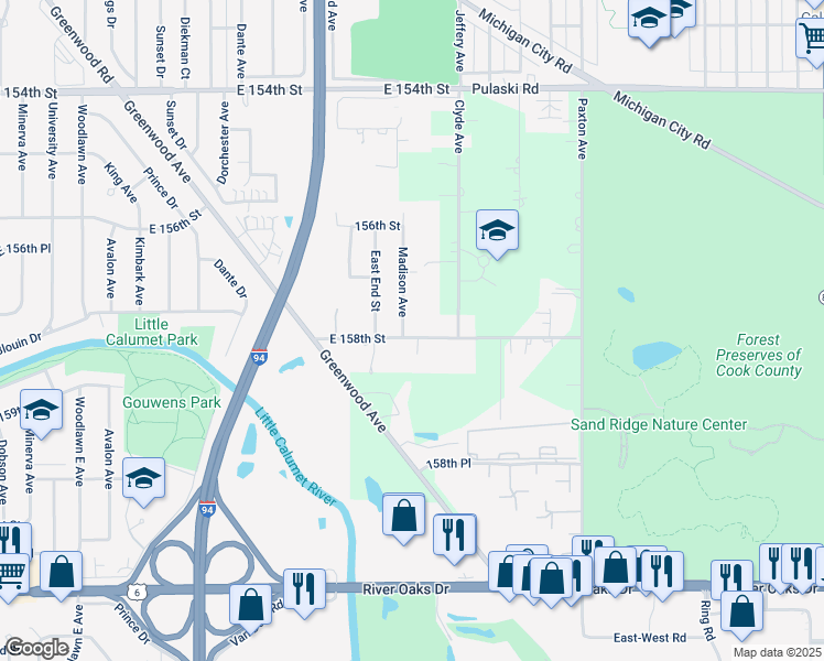 map of restaurants, bars, coffee shops, grocery stores, and more near 15752 Madison Avenue in Dolton
